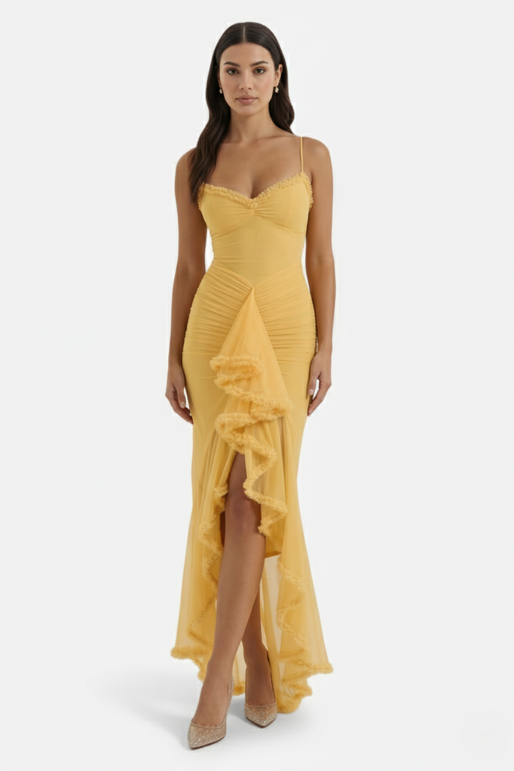 Womens Evening Gown Mesh Ruched Ruffle Asymmetrical Hem - Clovrio