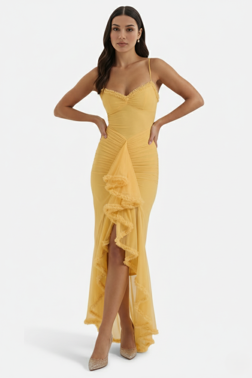 Womens Evening Gown Mesh Ruched Ruffle Asymmetrical Hem
