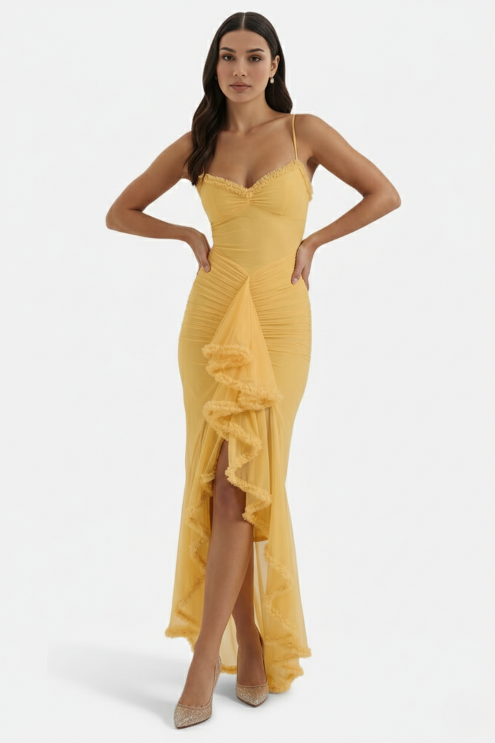Womens Evening Gown Mesh Ruched Ruffle Asymmetrical Hem