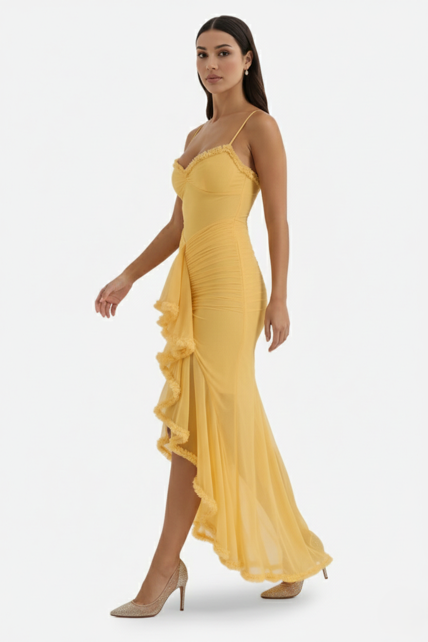 Womens Evening Gown Mesh Ruched Ruffle Asymmetrical Hem