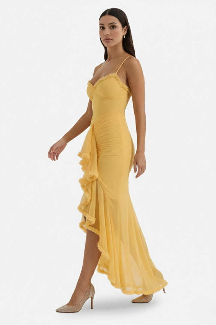 Womens Evening Gown Mesh Ruched Ruffle Asymmetrical Hem