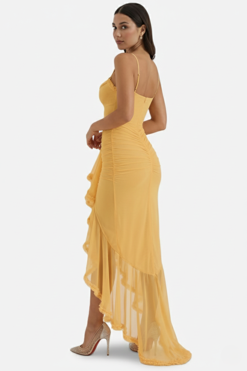 Womens Evening Gown Mesh Ruched Ruffle Asymmetrical Hem