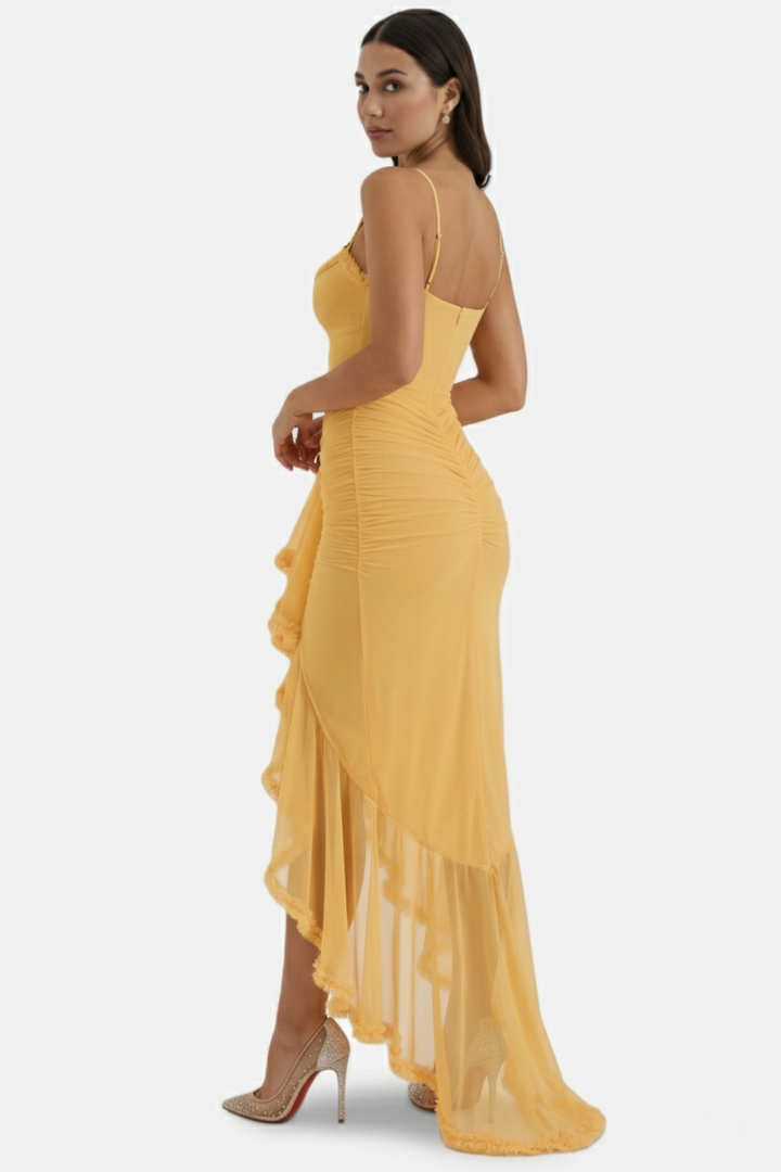 Womens Evening Gown Mesh Ruched Ruffle Asymmetrical Hem