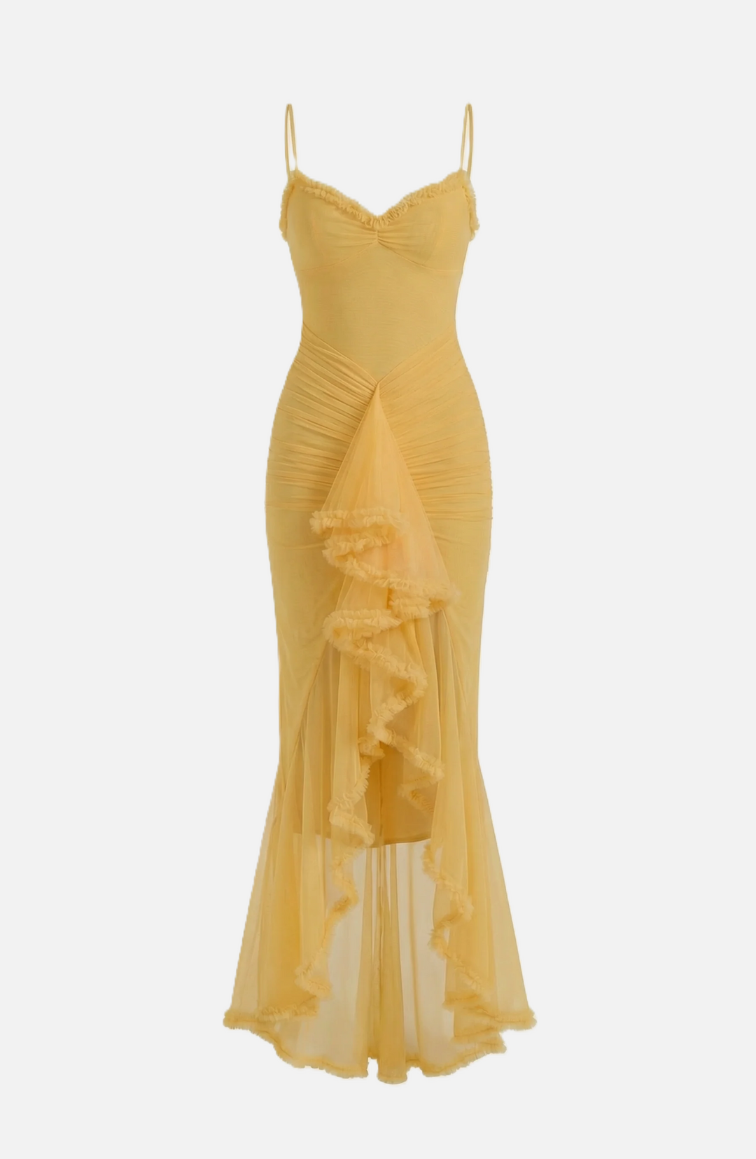 Womens Evening Gown Mesh Ruched Ruffle Asymmetrical Hem