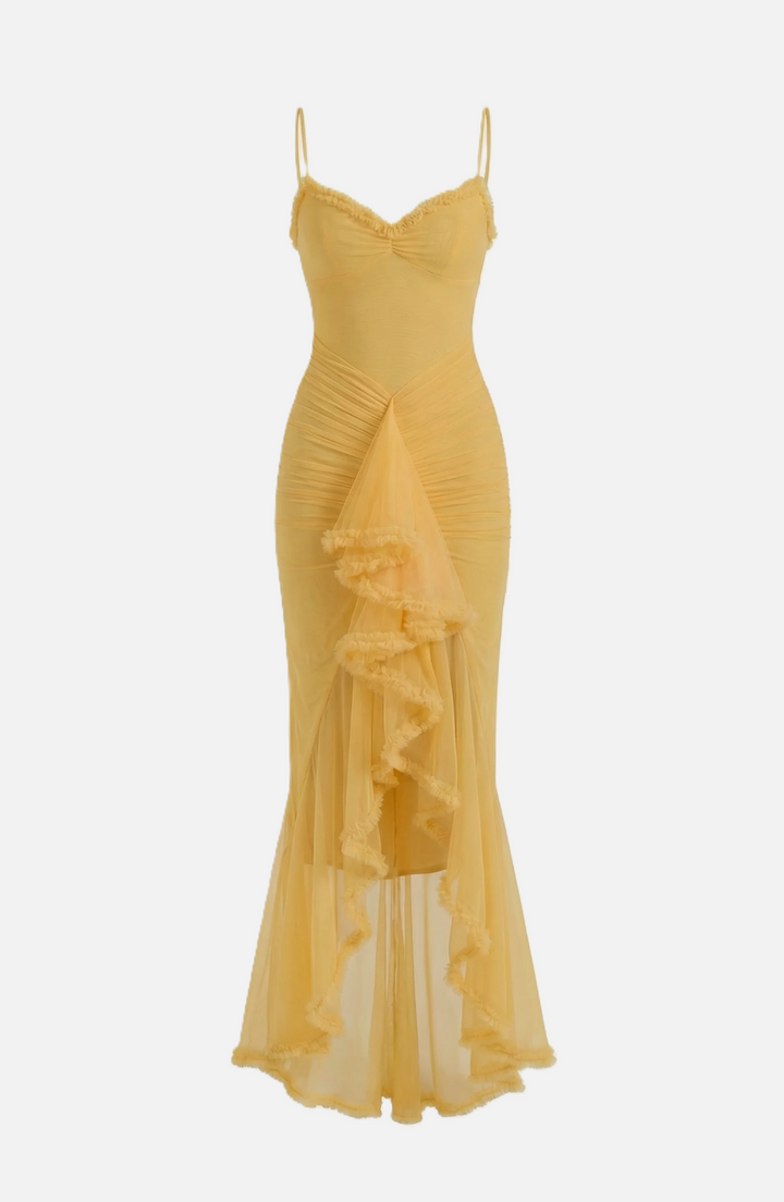Womens Evening Gown Mesh Ruched Ruffle Asymmetrical Hem