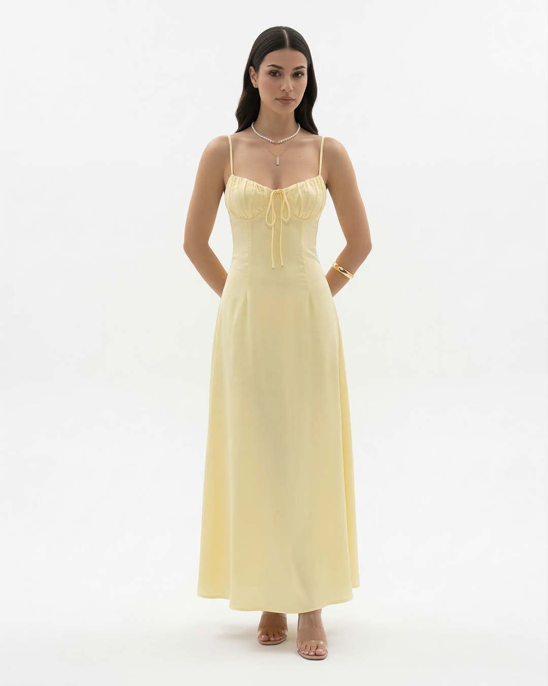 Womens Maxi Dress with Spaghetti Straps Sweetheart Neck Tie Front