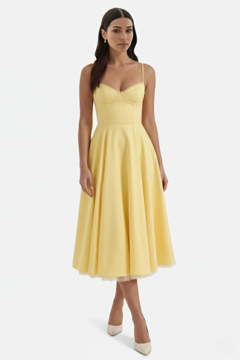 Womens Midi Dress Bustier Sweetheart Neckline Full Circle Tulle Hem