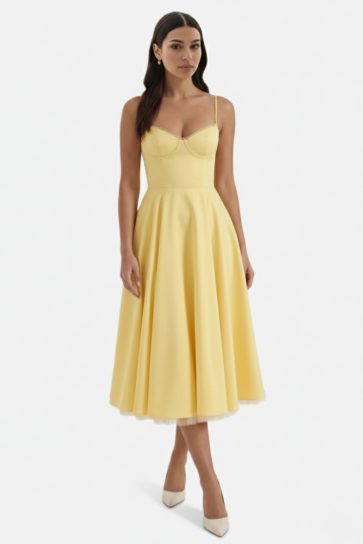 Womens Midi Dress Bustier Sweetheart Neckline Full Circle Tulle Hem