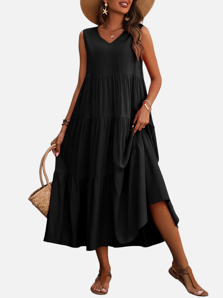 Women's Elegant V-Neck Tiered Maxi Dress
