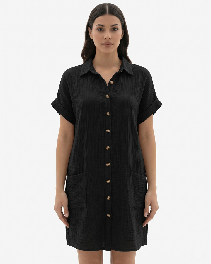 Womens Shirt Dress Cotton Collared Rolled Sleeve with Pockets