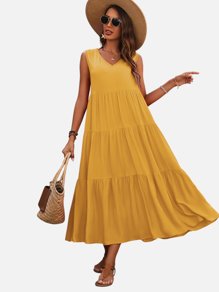 Women's Elegant V-Neck Tiered Maxi Dress