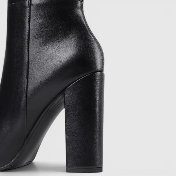 Women's Classic Leather Pointed Toe Knee High Chunky Heel Boots