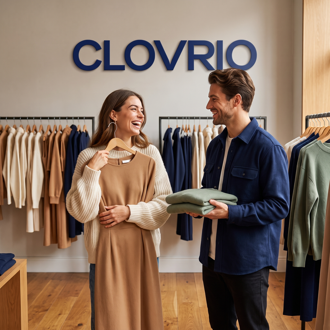 Couple shopping the Clovrio edit — brand visual, square