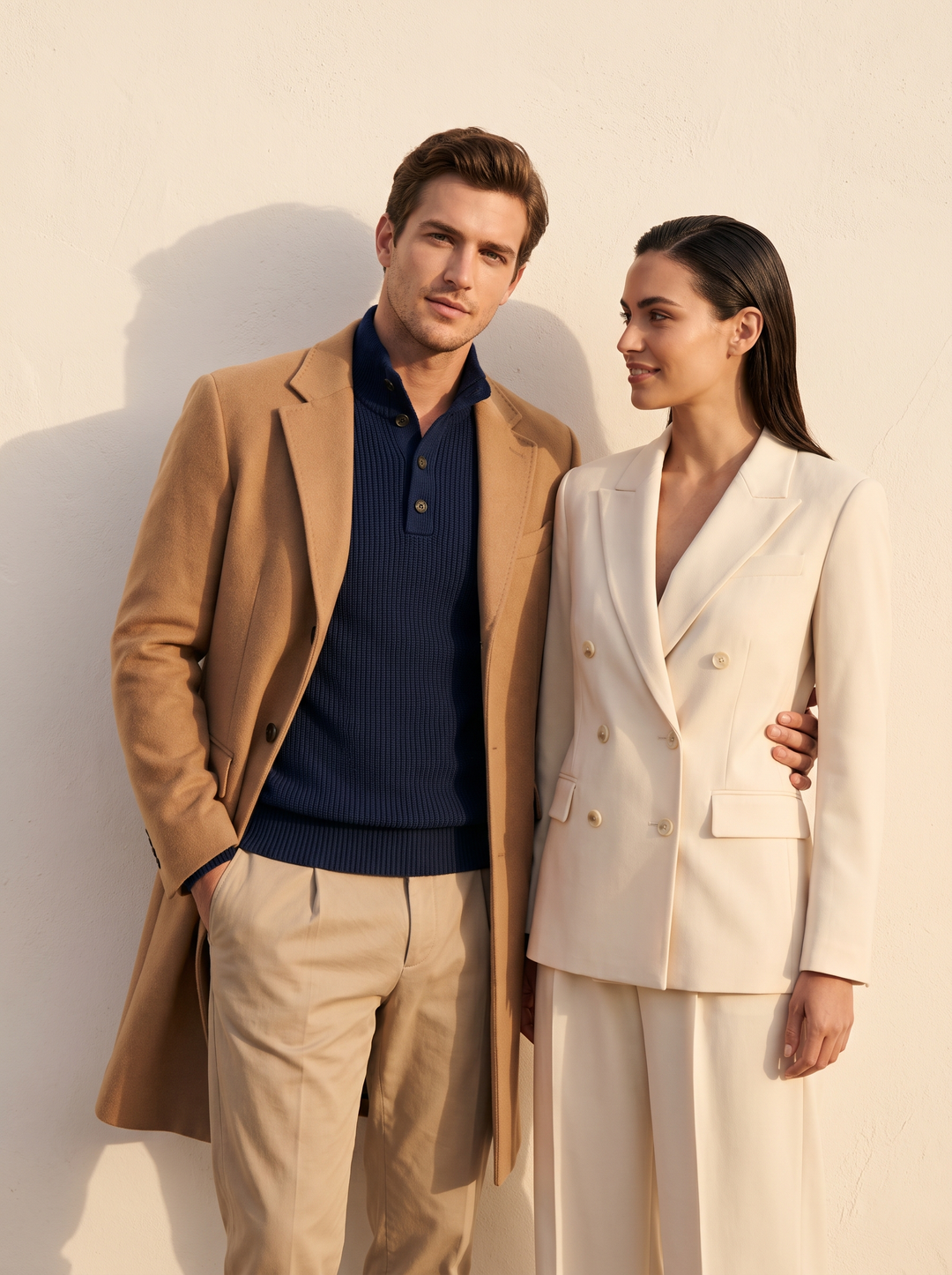 Clovrio lookbook — couple in camel coat with navy knit and cream suit