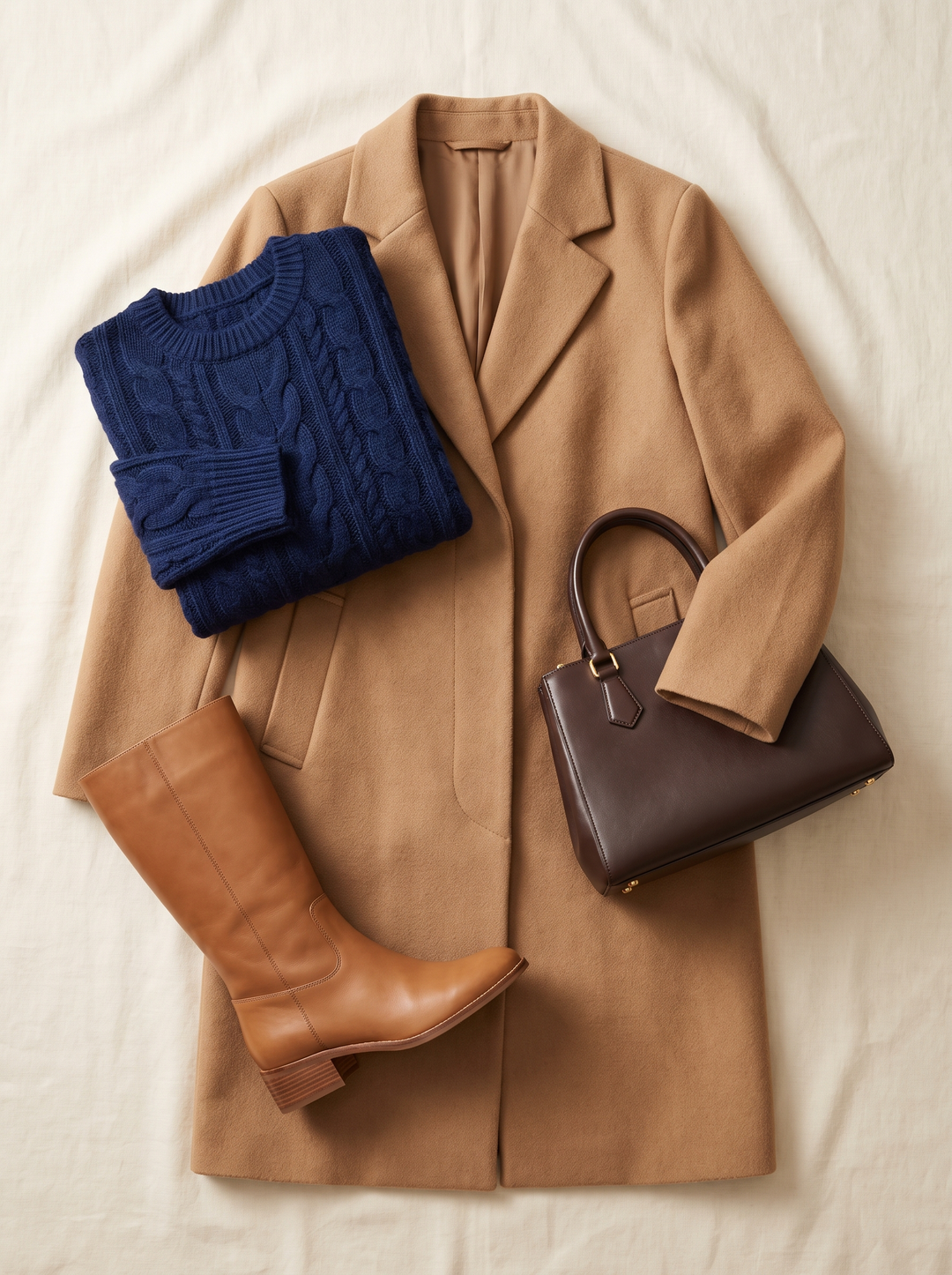 Clovrio autumn edit — camel coat, navy cable knit, leather boots and handbag flat-lay