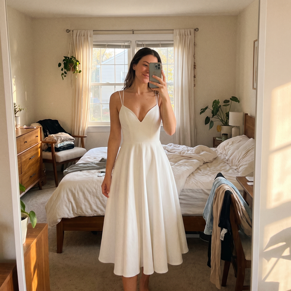 White A-line midi dress with sweetheart neckline, mirror shot
