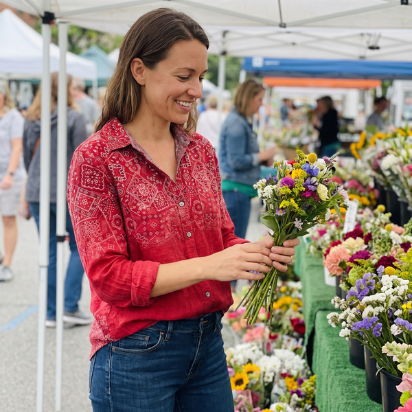 Boho print blouse at a flower market