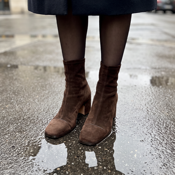 Brown suede block heel boots with square toe