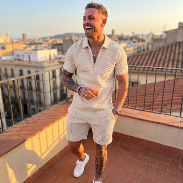 Mens quarter-zip polo two-piece set at golden hour
