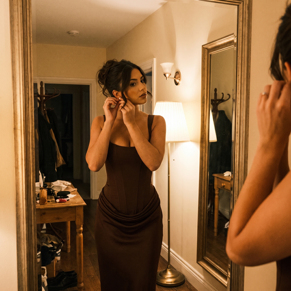 Brown bodycon evening dress, getting ready