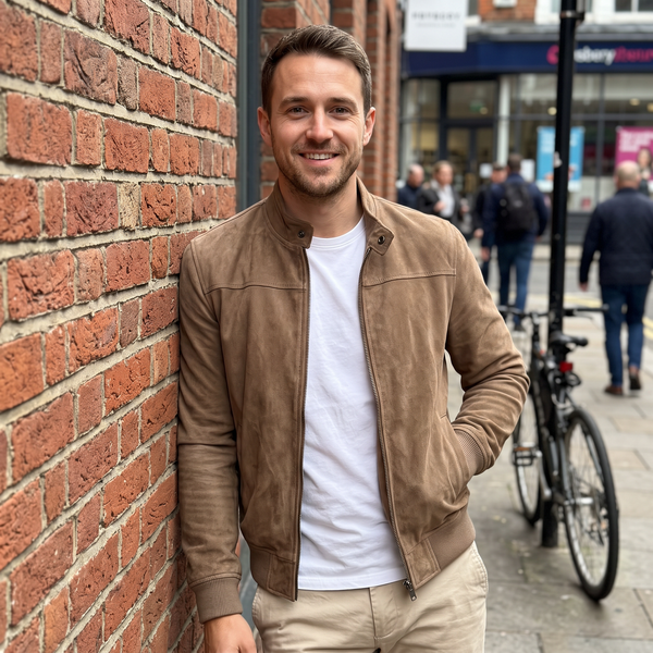 Tan bomber jacket with stand collar, street style