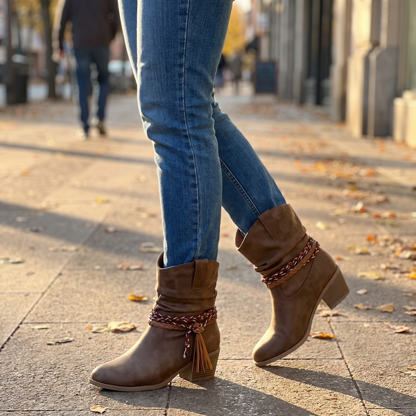 Taupe ankle boots with braided strap, walking shot