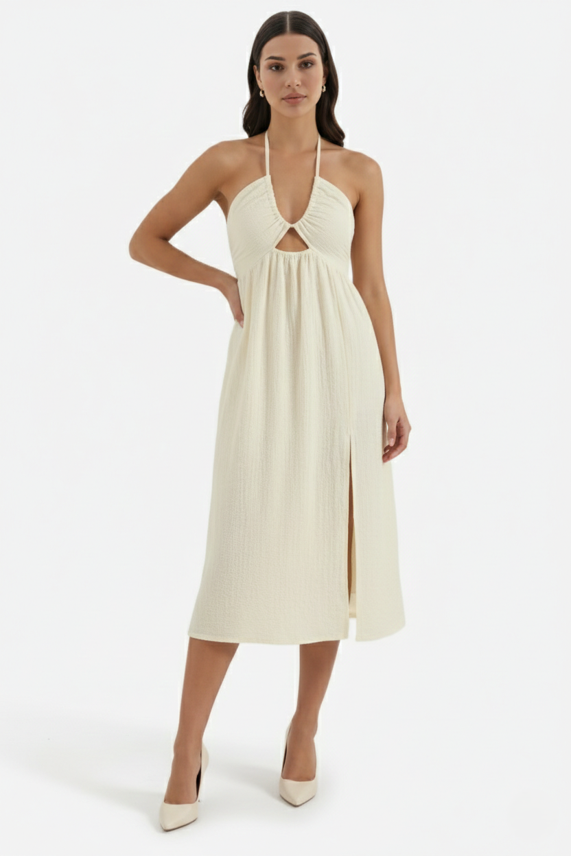 Womens Midi Dress Textured Halter Neck Backless Side Slit - Clovrio
