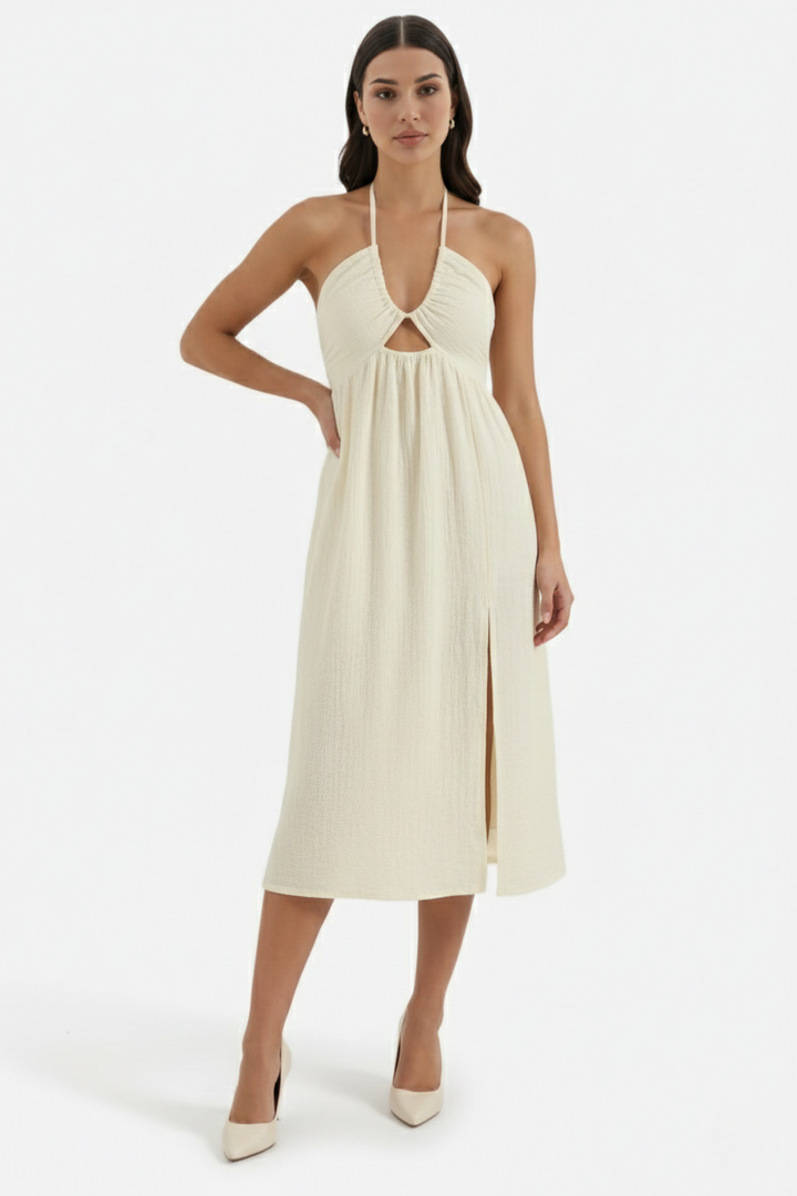 Womens Midi Dress Textured Halter Neck Backless Side Slit - Clovrio