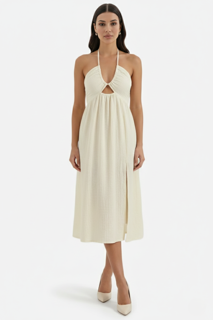Womens Midi Dress Textured Halter Neck Backless Side Slit