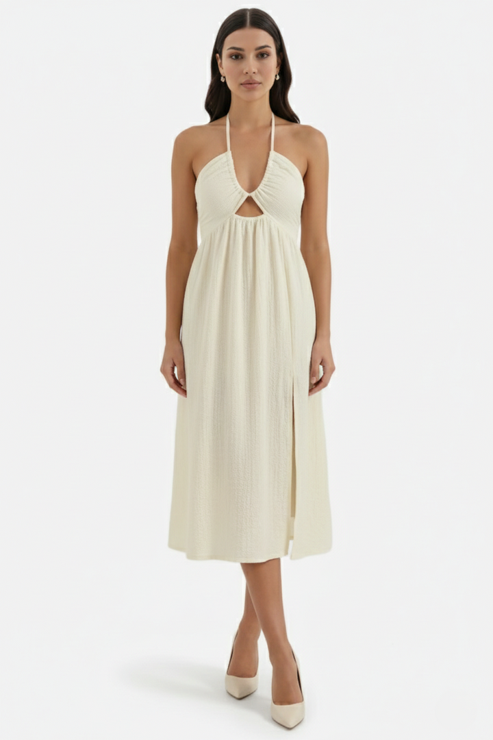 Womens Midi Dress Textured Halter Neck Backless Side Slit