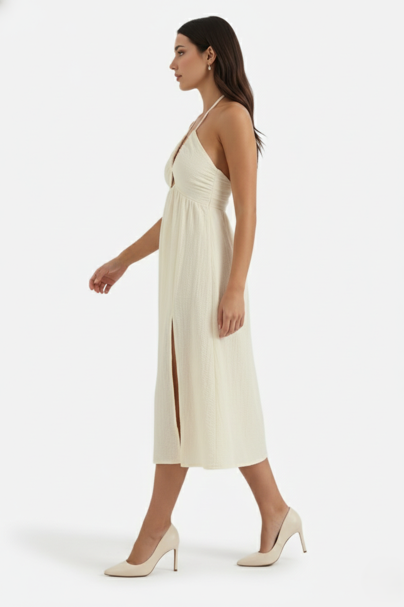 Womens Midi Dress Textured Halter Neck Backless Side Slit