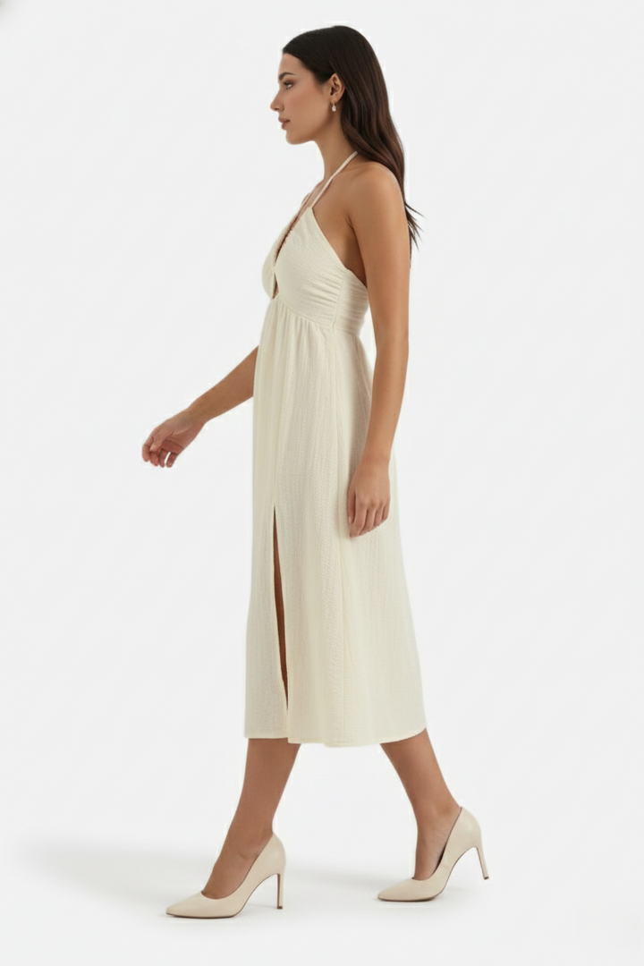 Womens Midi Dress Textured Halter Neck Backless Side Slit
