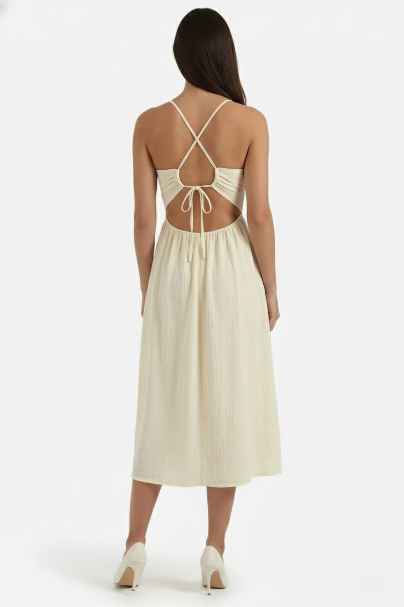 Womens Midi Dress Textured Halter Neck Backless Side Slit