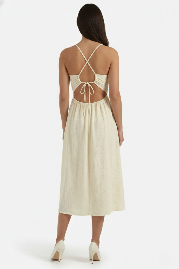 Womens Midi Dress Textured Halter Neck Backless Side Slit