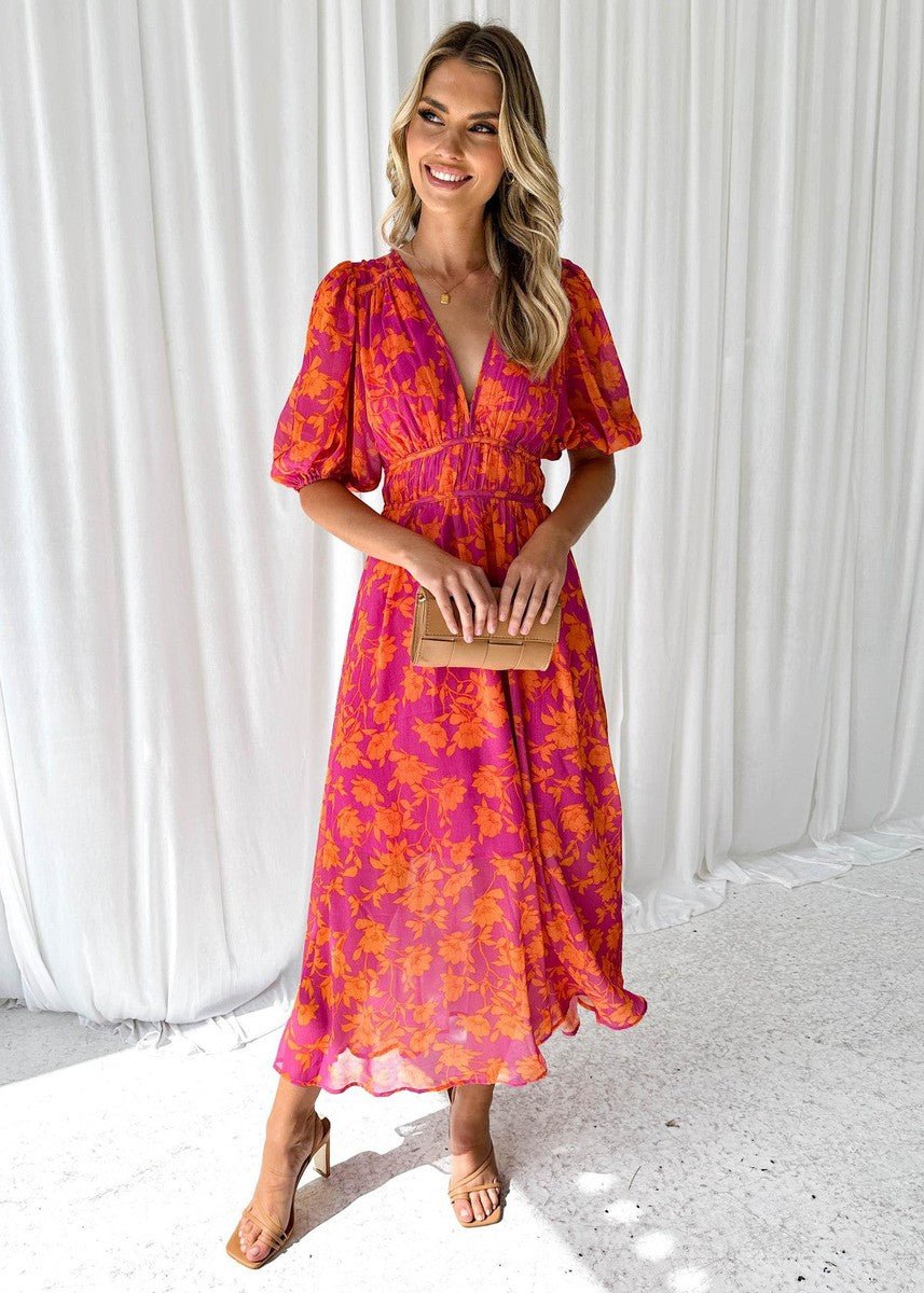 Womens Midi Dress with Puff Sleeves and V-Neck Floral Print - Clovrio