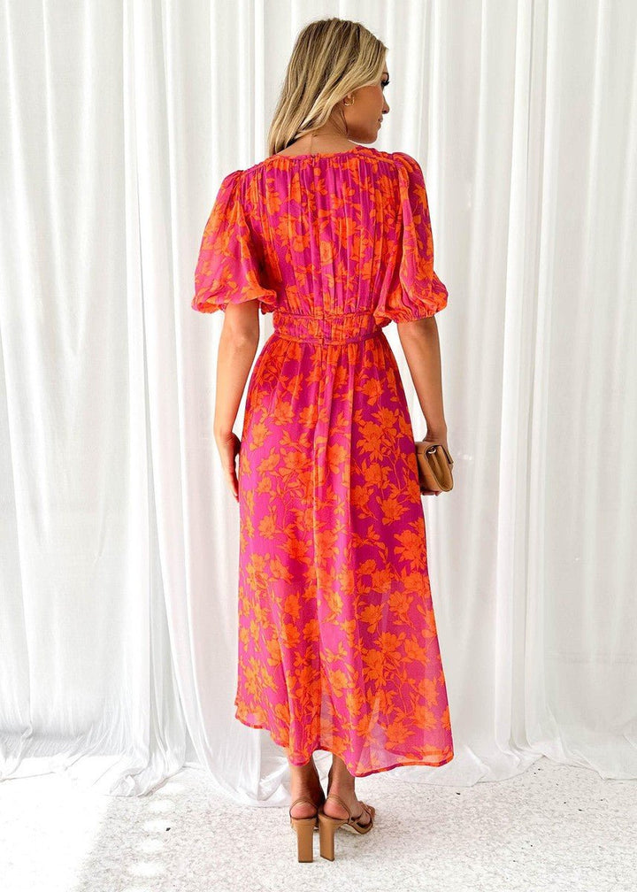 Womens Midi Dress with Puff Sleeves and V-Neck Floral Print