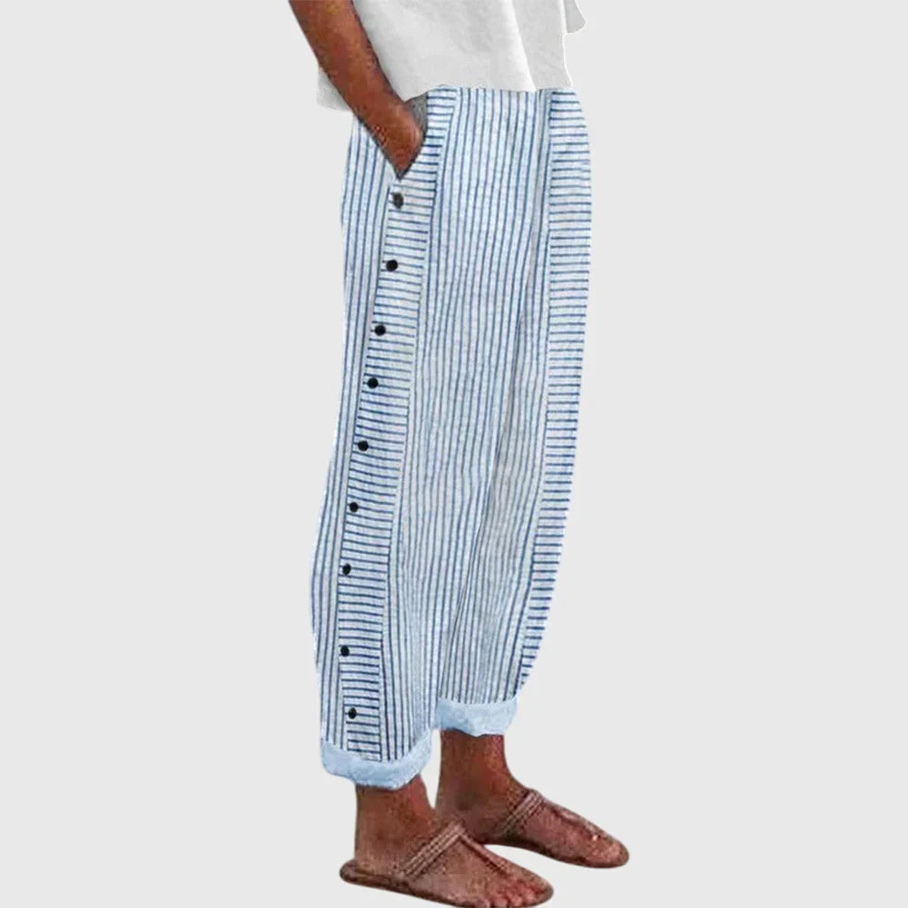 Women's Casual Striped Button Detail Relaxed Fit Trousers