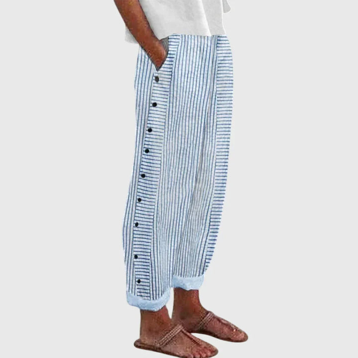 Women's Casual Striped Button Detail Relaxed Fit Trousers
