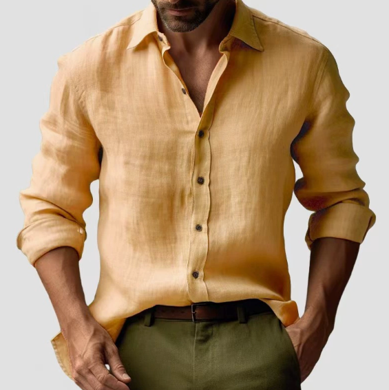 Mens Long Sleeve Shirt Linen Lightweight Button-Down