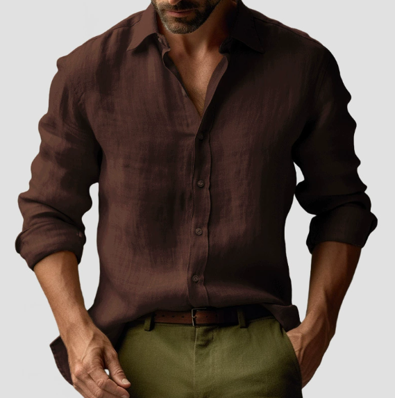 Mens Long Sleeve Shirt Linen Lightweight Button-Down