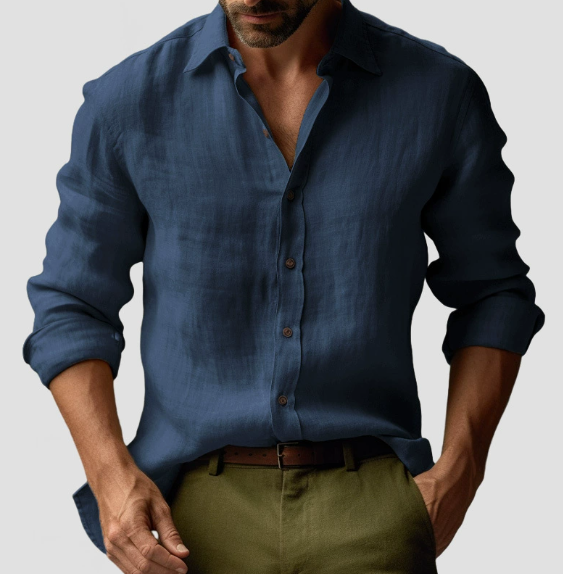 Mens Long Sleeve Shirt Linen Lightweight Button-Down