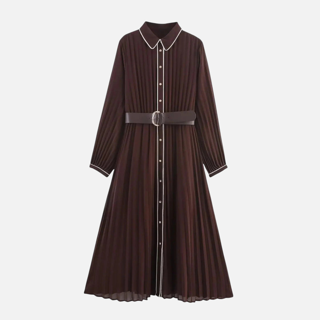 Women's Elegant Pleated Long Sleeve Midi Dress