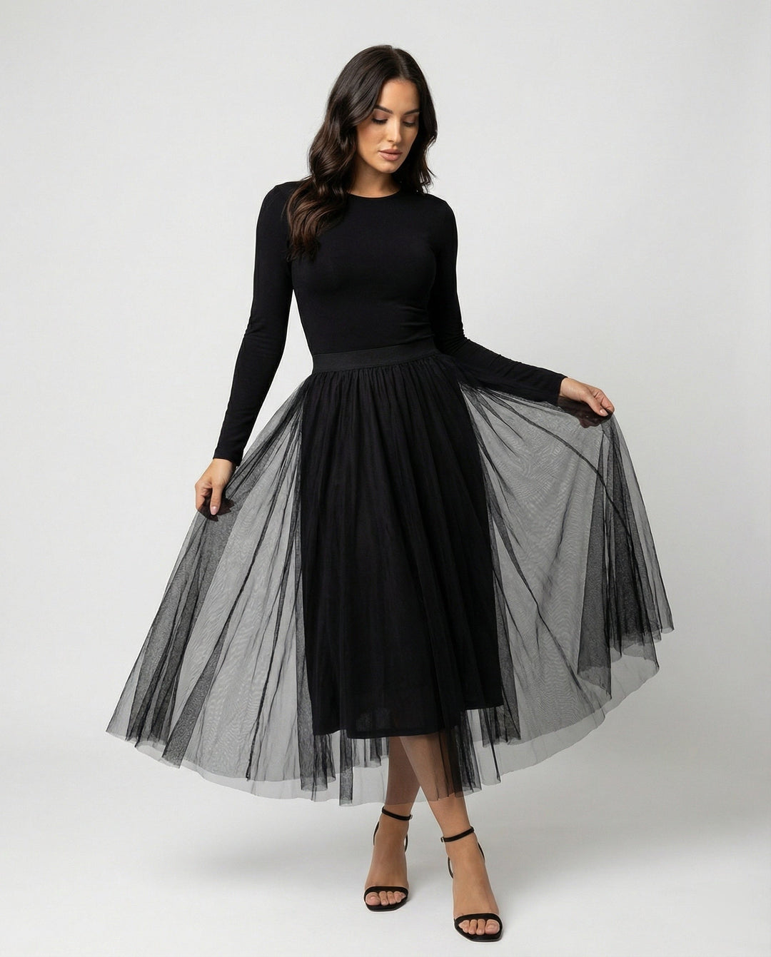 Womens Midi Skirt High Waist Layered Tulle Style - Clovrio