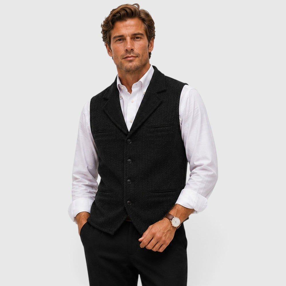 Men's Tailored Herringbone Wool Waistcoat with Lapel
