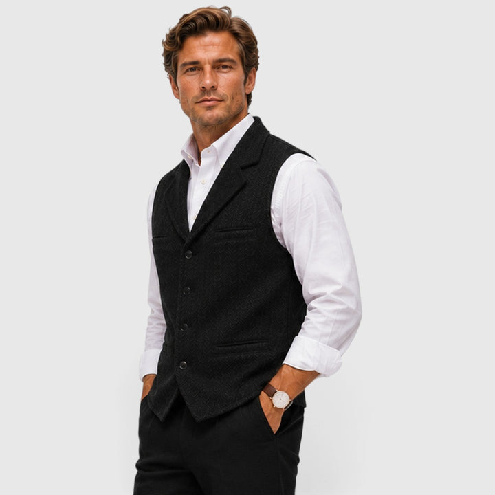 Men's Tailored Herringbone Wool Waistcoat with Lapel