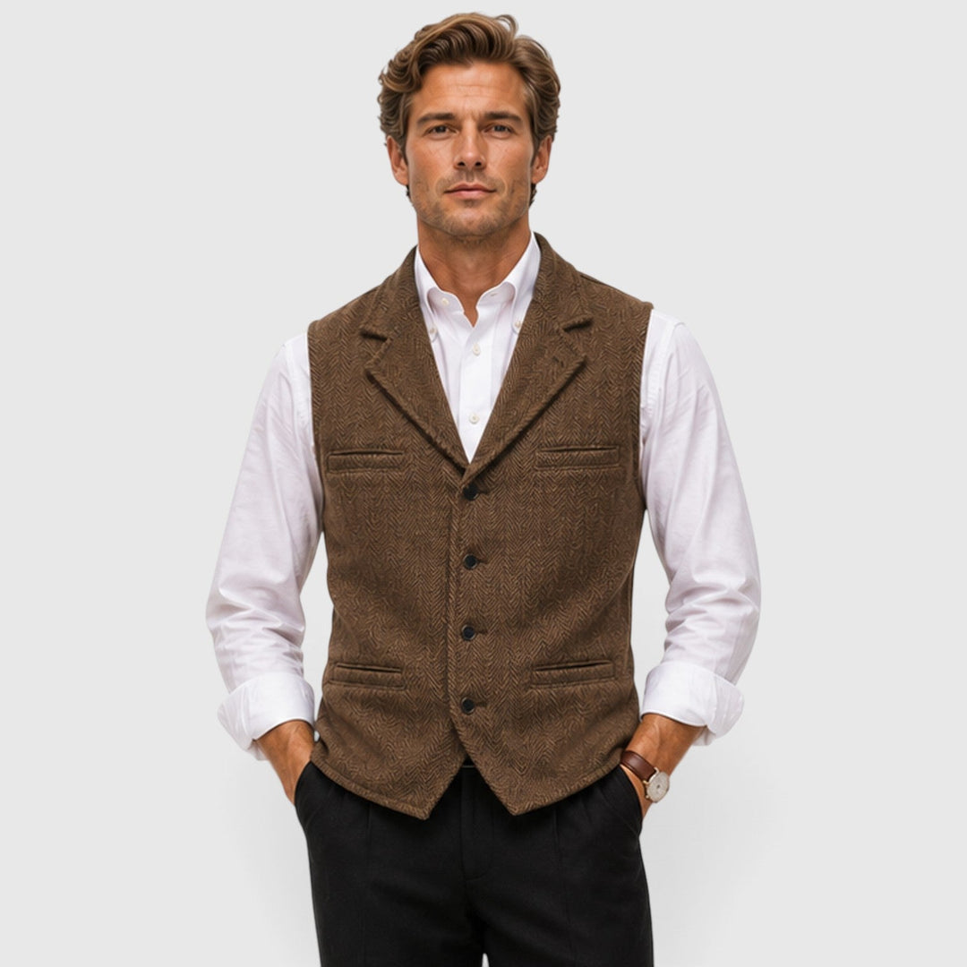Men's Tailored Herringbone Wool Waistcoat with Lapel