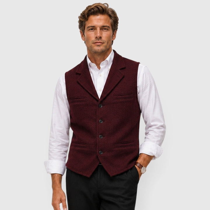 Men's Tailored Herringbone Wool Waistcoat with Lapel