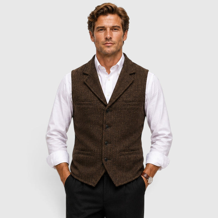 Men's Tailored Herringbone Wool Waistcoat with Lapel