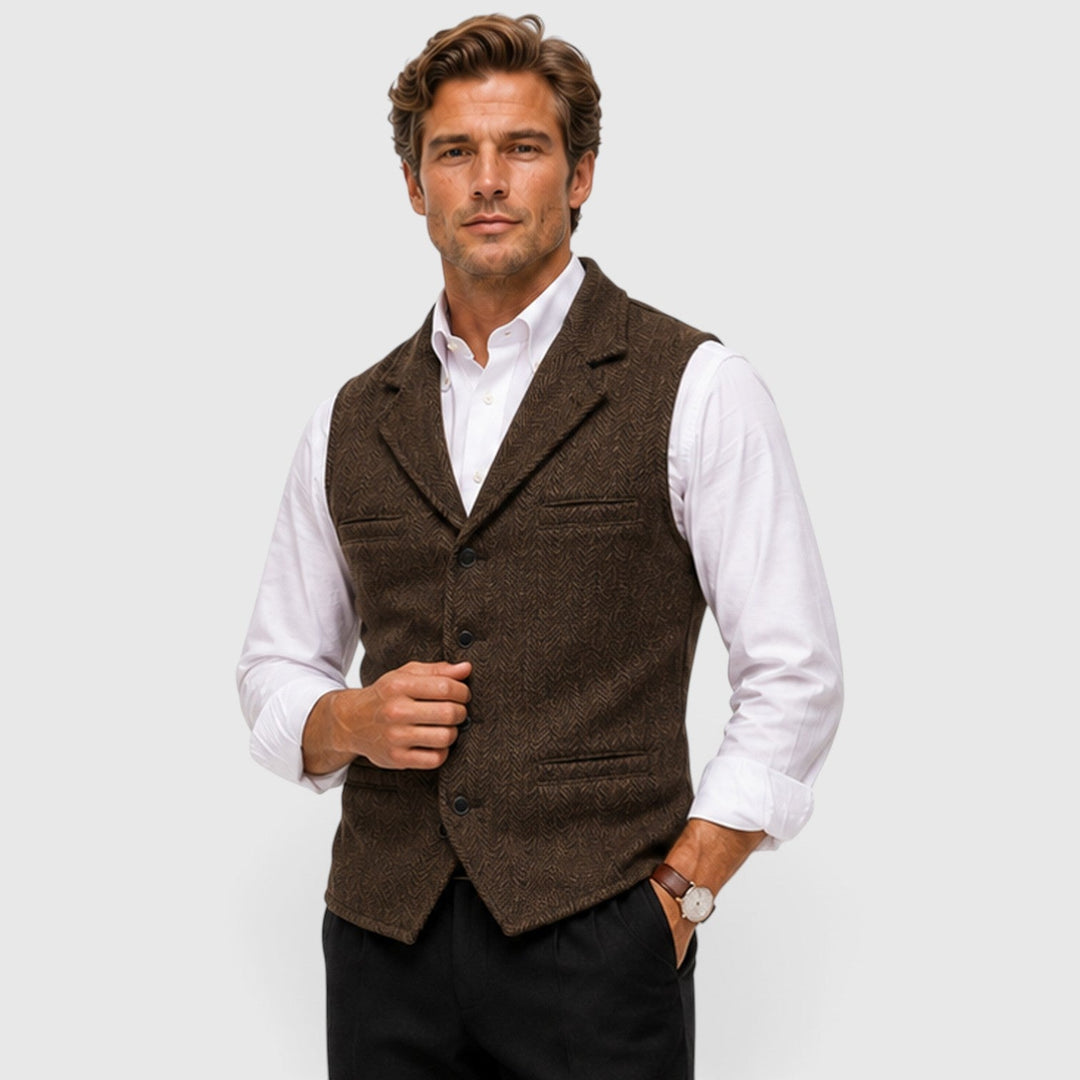 Men's Tailored Herringbone Wool Waistcoat with Lapel