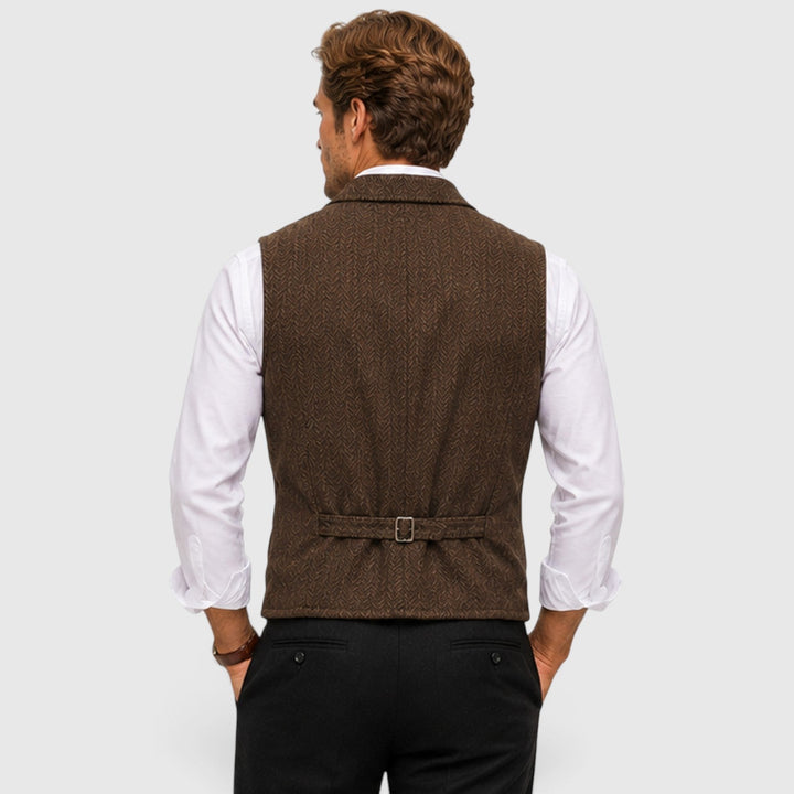 Men's Tailored Herringbone Wool Waistcoat with Lapel